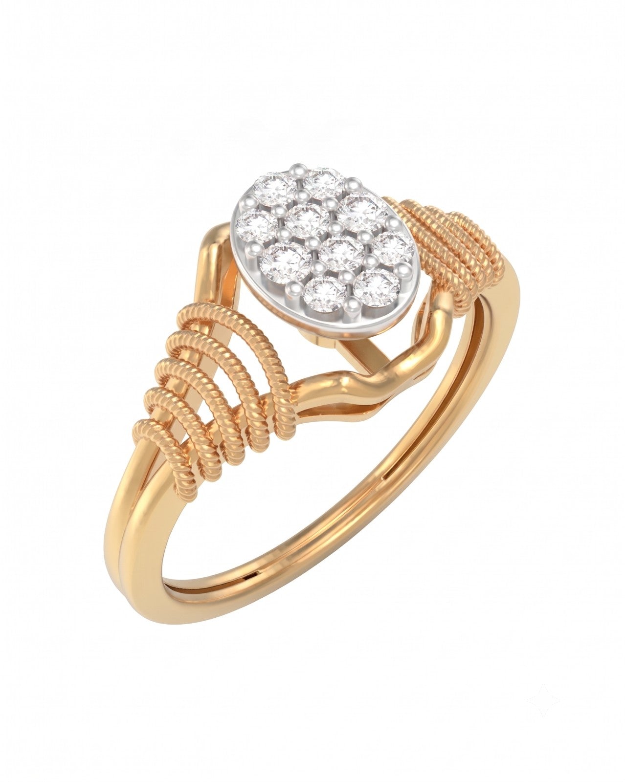 A yellow gold ring with a round cluster on top, set in a textured gold band, shown against a plain white background.