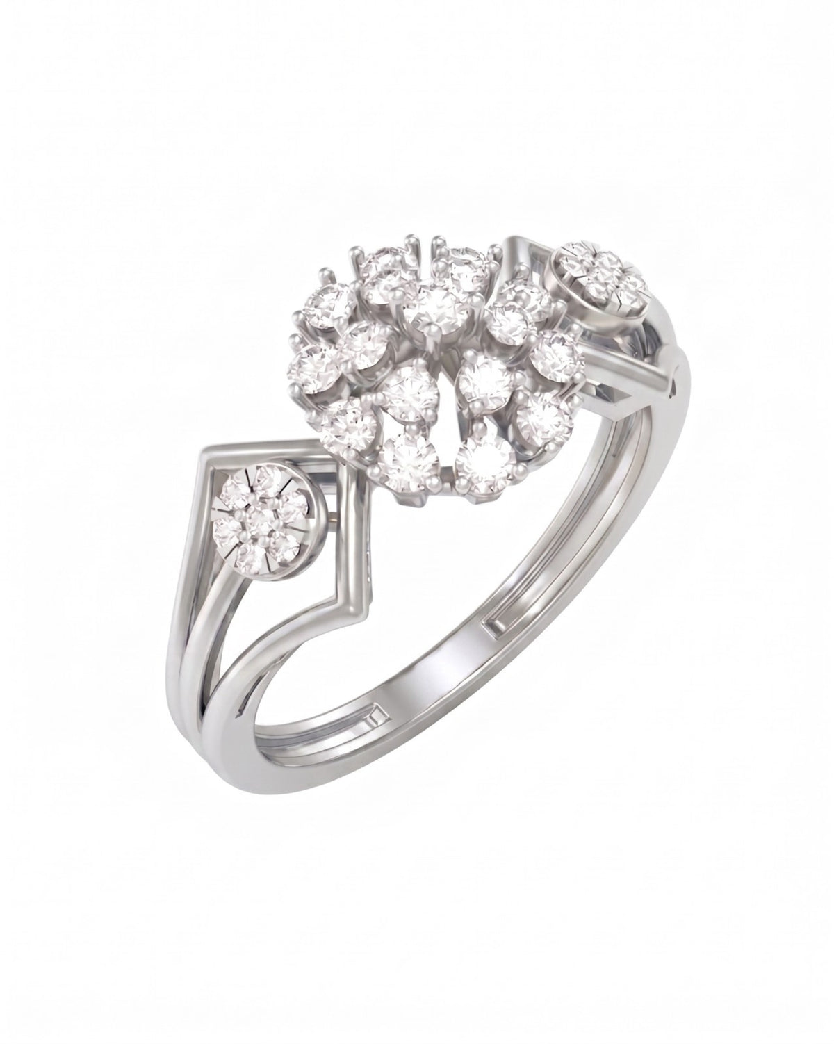 A white gold ring featuring a large central cluster, on a white background.