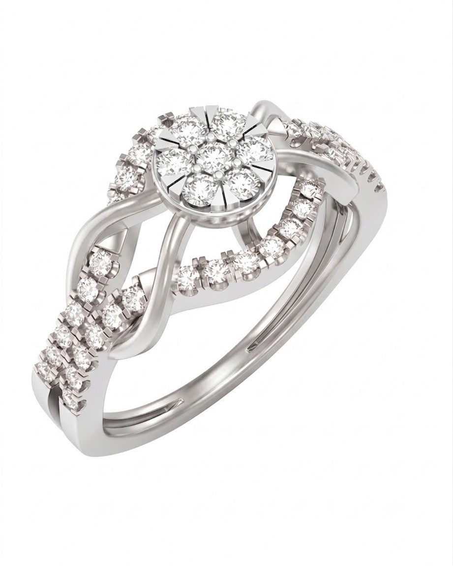 White gold ring with diamond accents on a white background.
