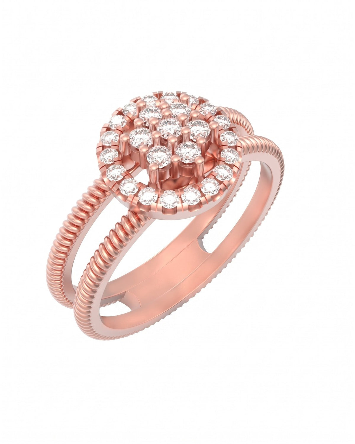 A rose gold double-band ring with a round cluster, set against a plain white background.