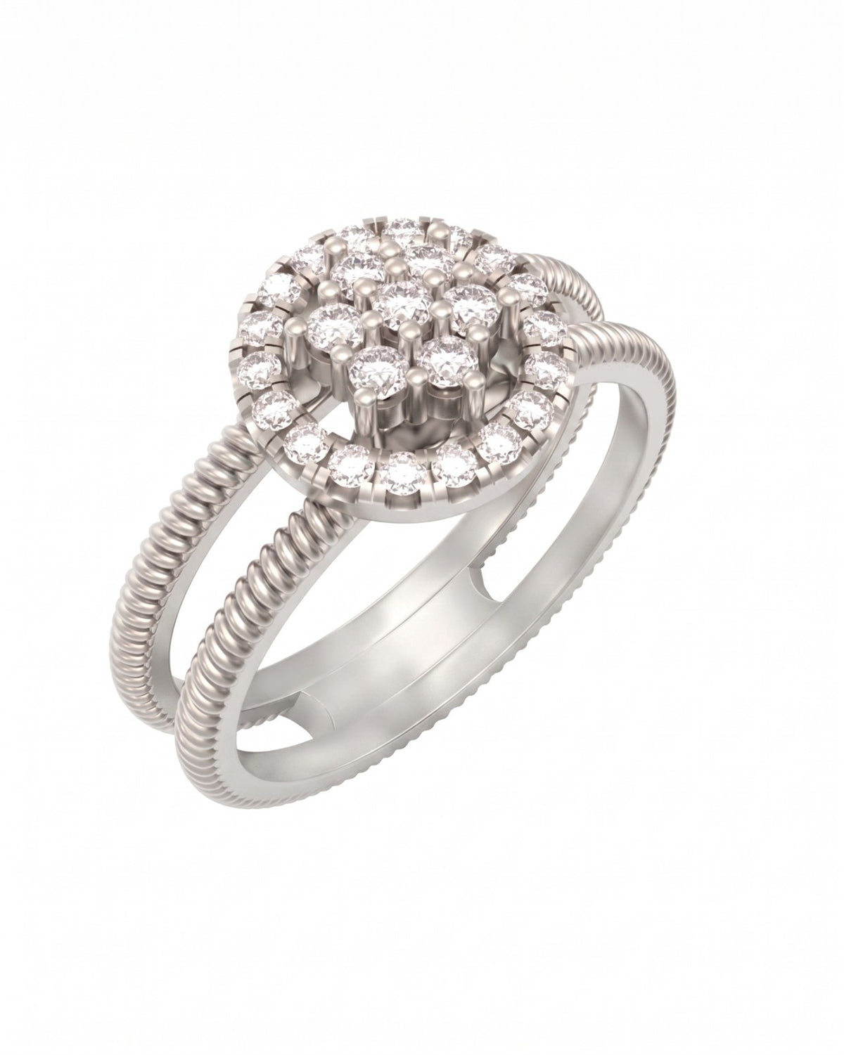 A white gold double-band ring with a round cluster, set against a plain white background.