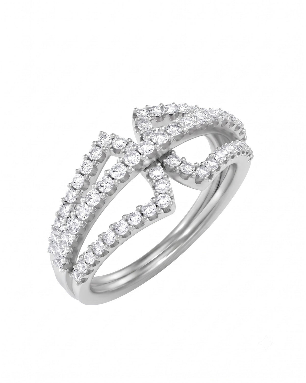 A white gold ring featuring a geometric, set against a plain white background.