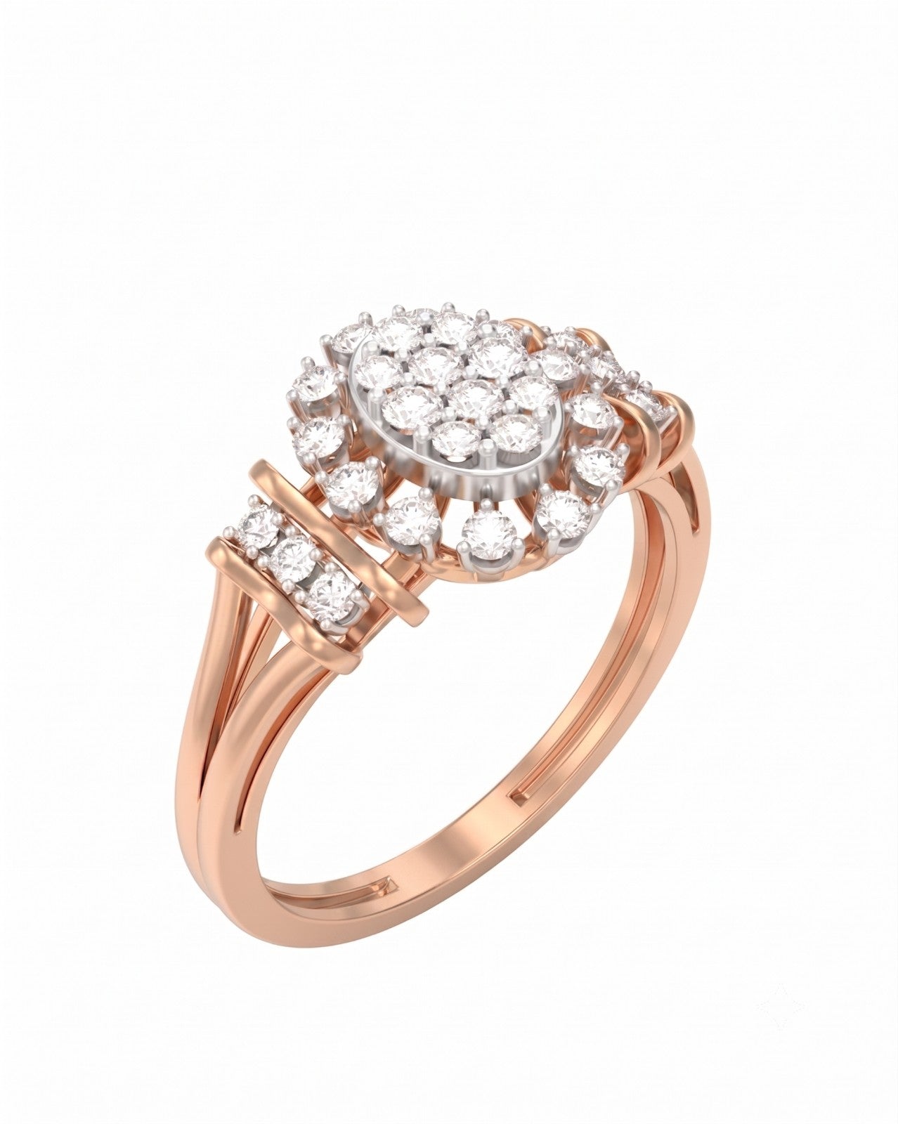 Rose gold ring with diamond cluster on a white background.
