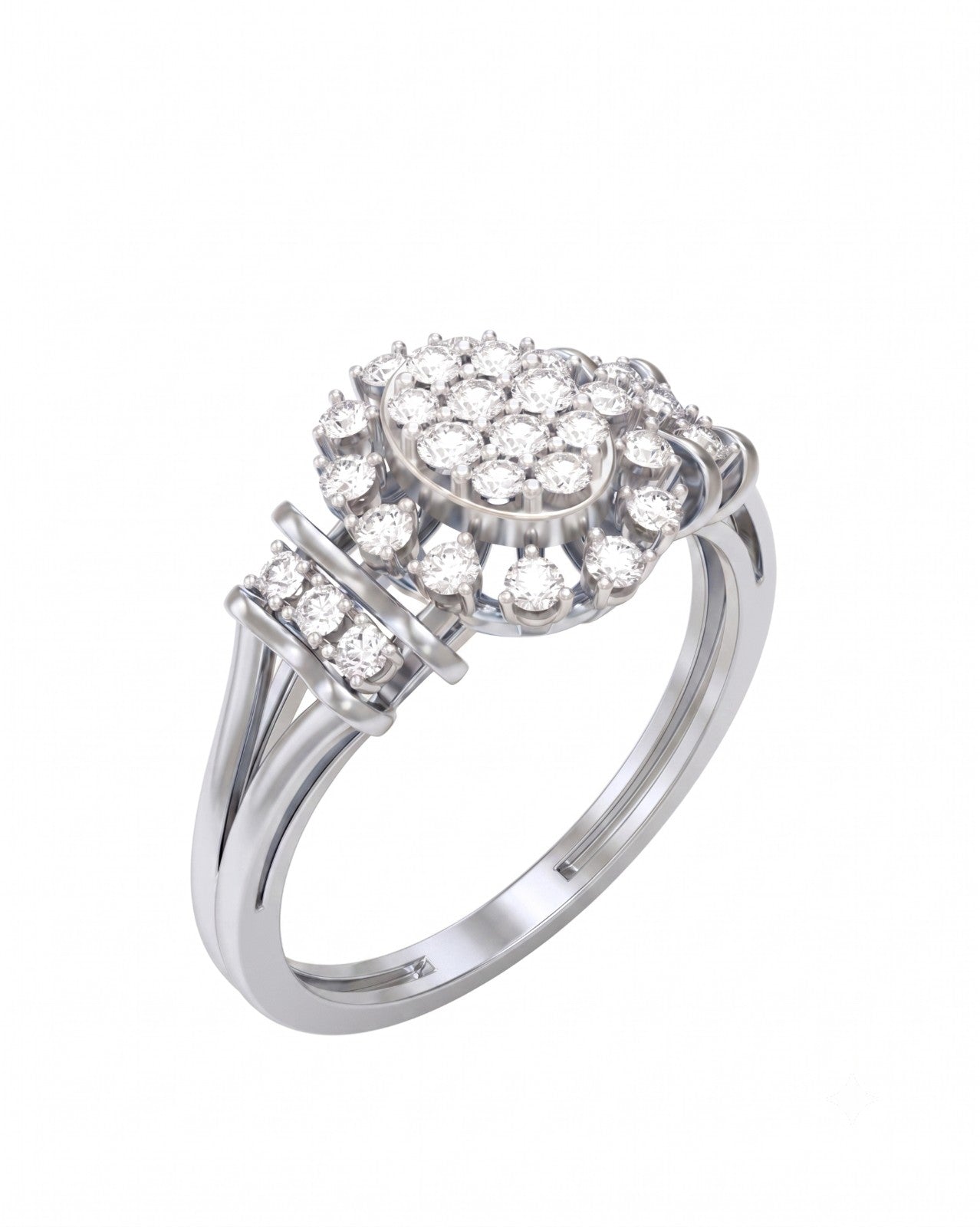 White gold ring with diamond cluster on a white background.