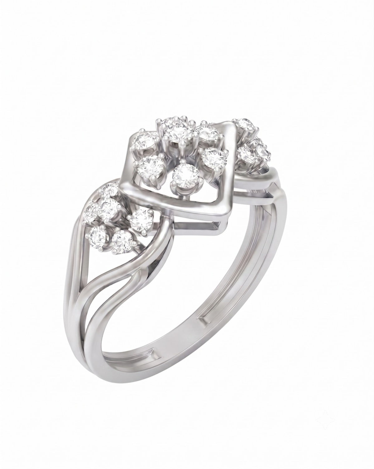A white gold ring featuring a cluster of round-cut, shown on a plain white background.