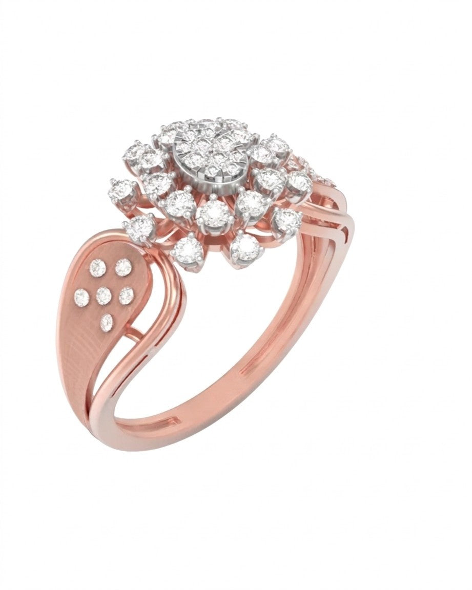 Rose gold ring with diamond cluster on a white background.