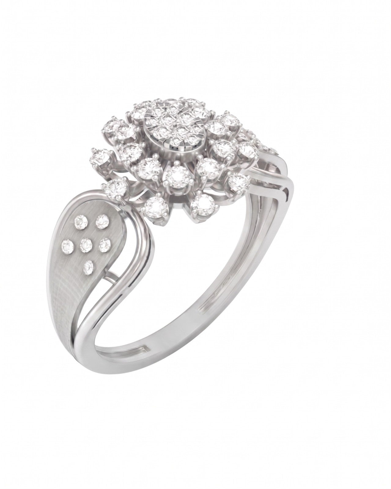 White gold ring with diamond cluster on a white background.