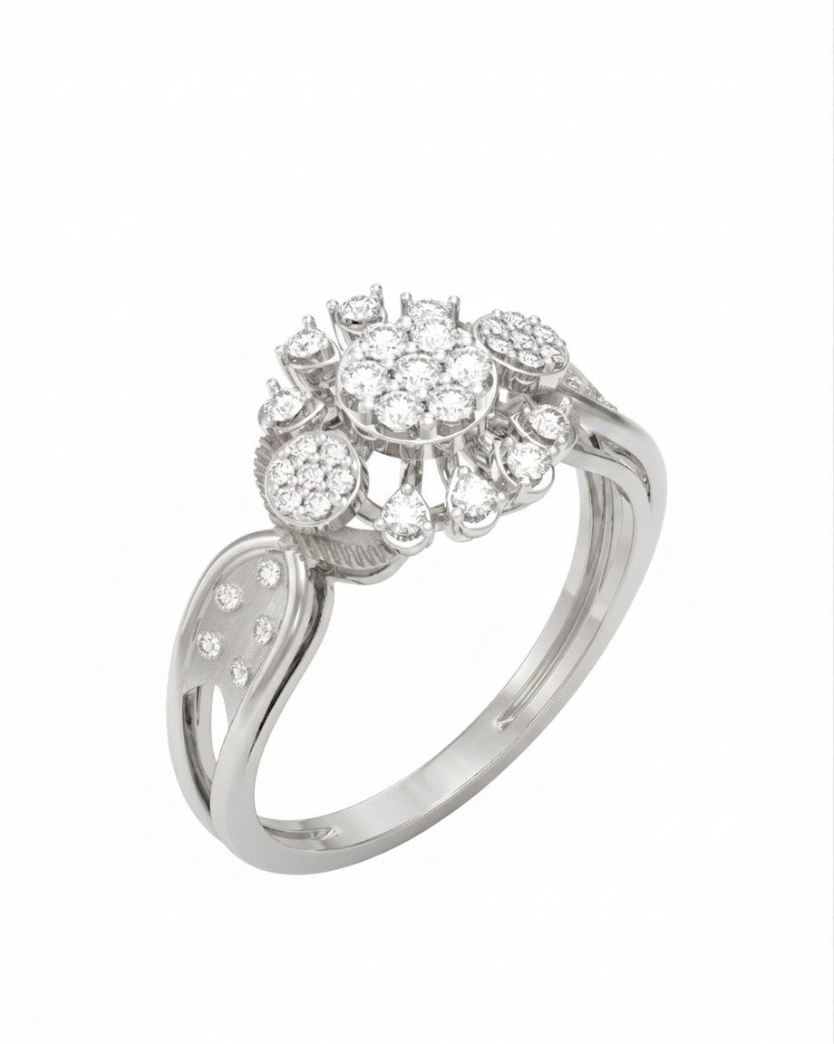 White gold ring with diamond cluster on a white background