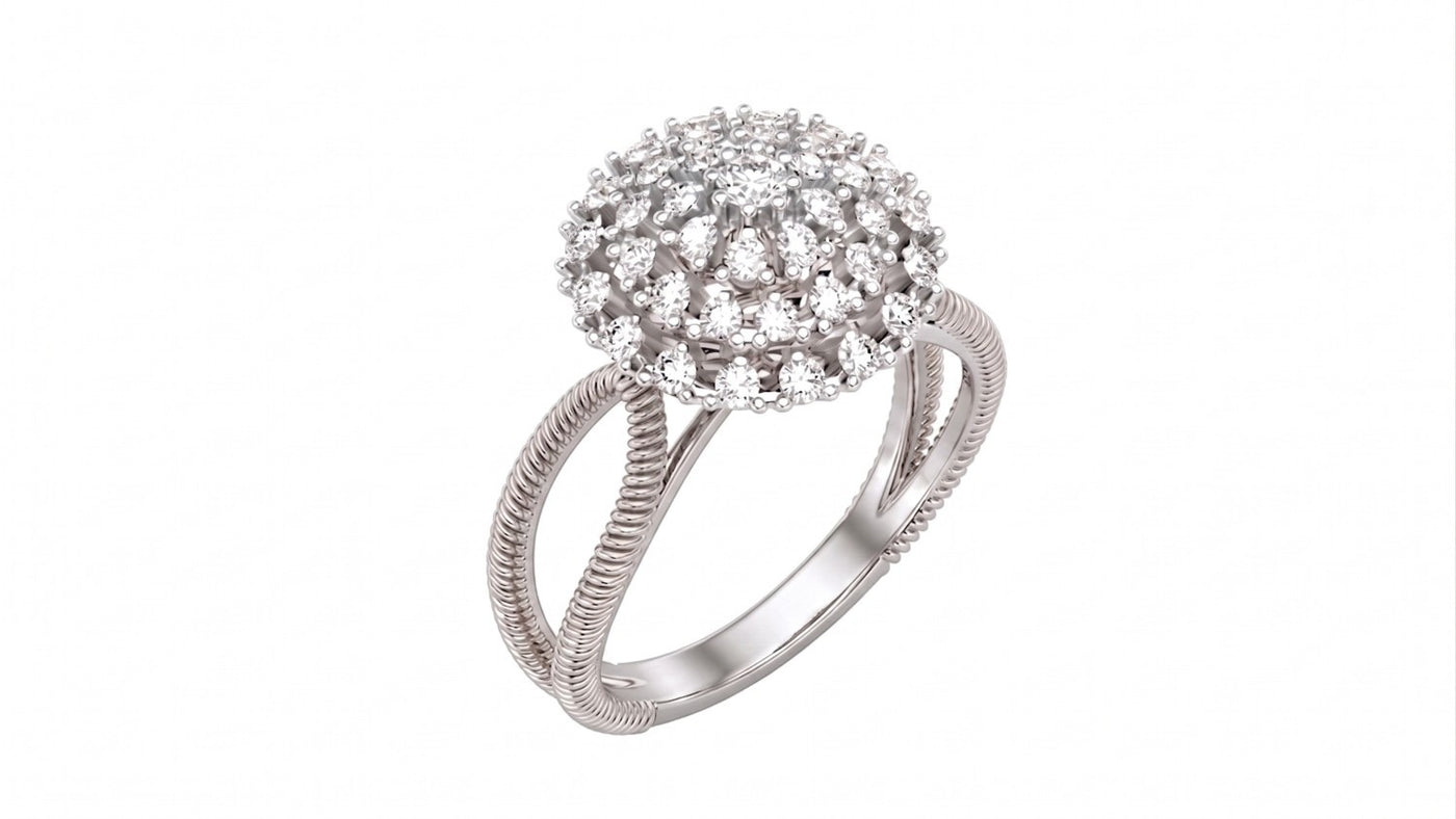 White gold ring with a diamond cluster on a white background.