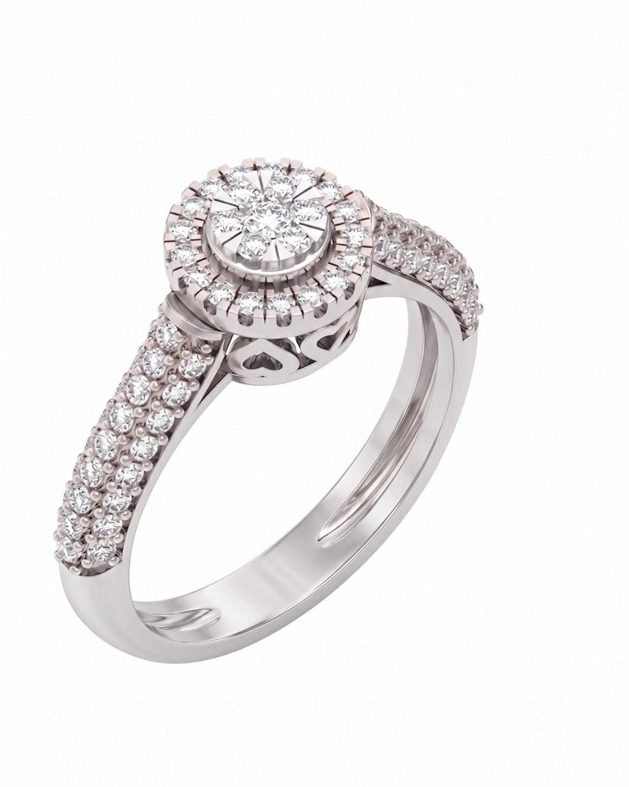 White gold ring with diamond accents on a white background.