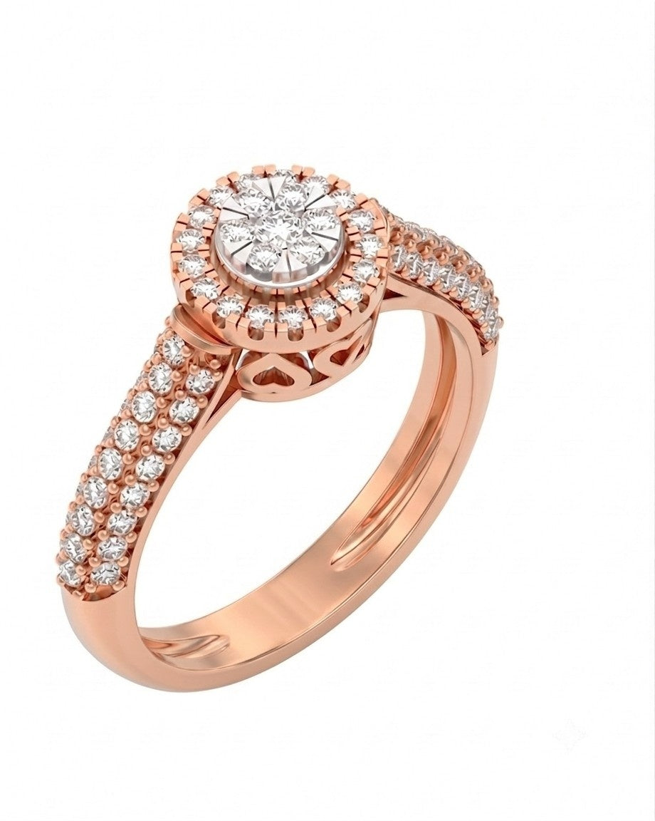 Rose gold ring with diamond accents on a white background.