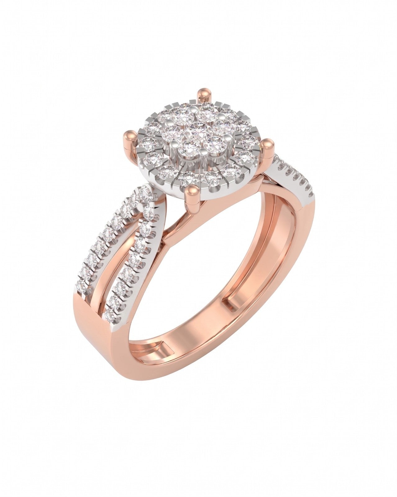 Rose ring with diamond accents on a white background.
