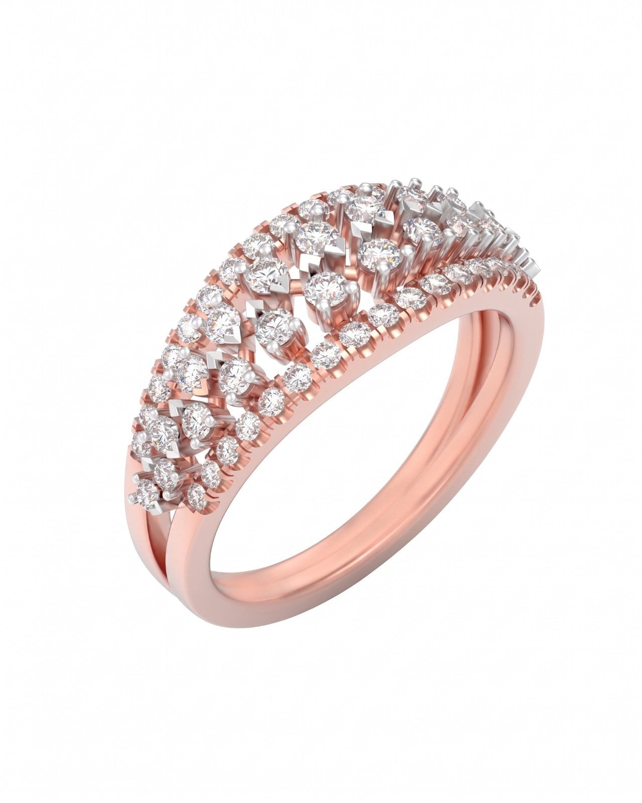 Rose gold ring with diamond accents on a white background