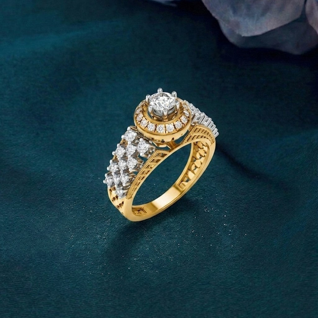 Gold and diamond ring on a dark blue background.