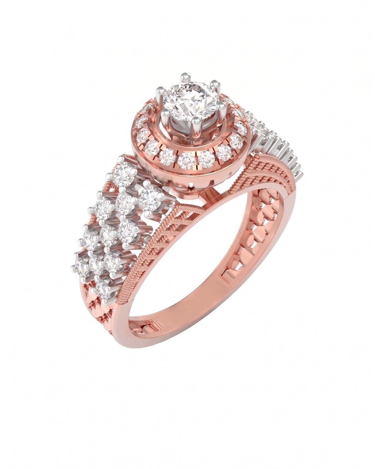 Rose gold ring with diamond accents on a white background.
