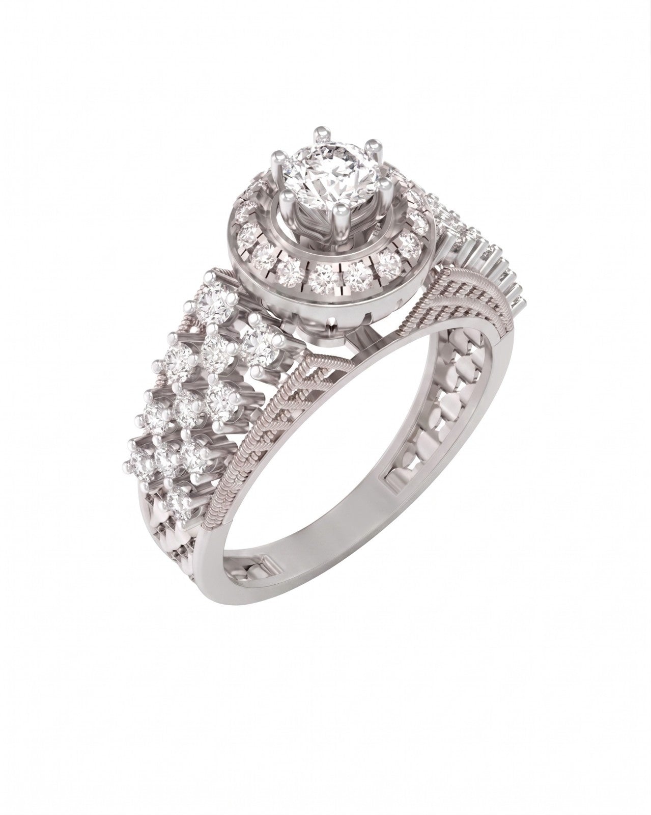 Diamond ring with a white gold band on a white background.