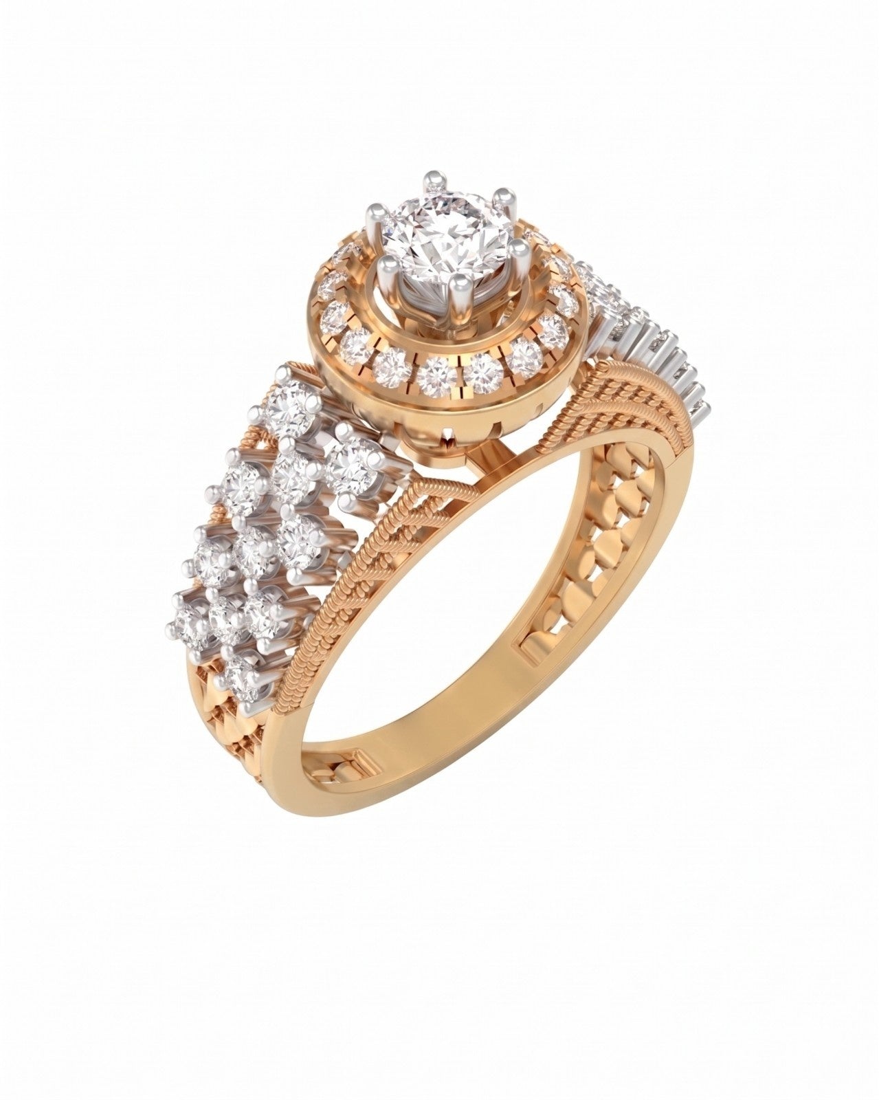 Yellow gold ring with diamond accents on a white background.