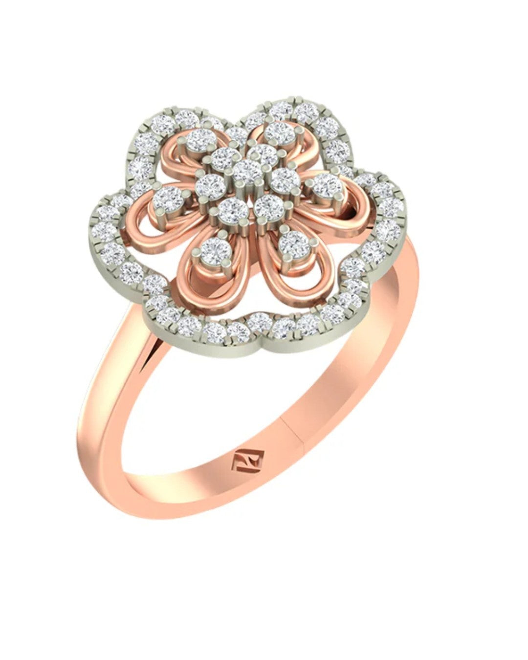 A rose gold and diamond flower-shaped ring, shown on a plain white background.