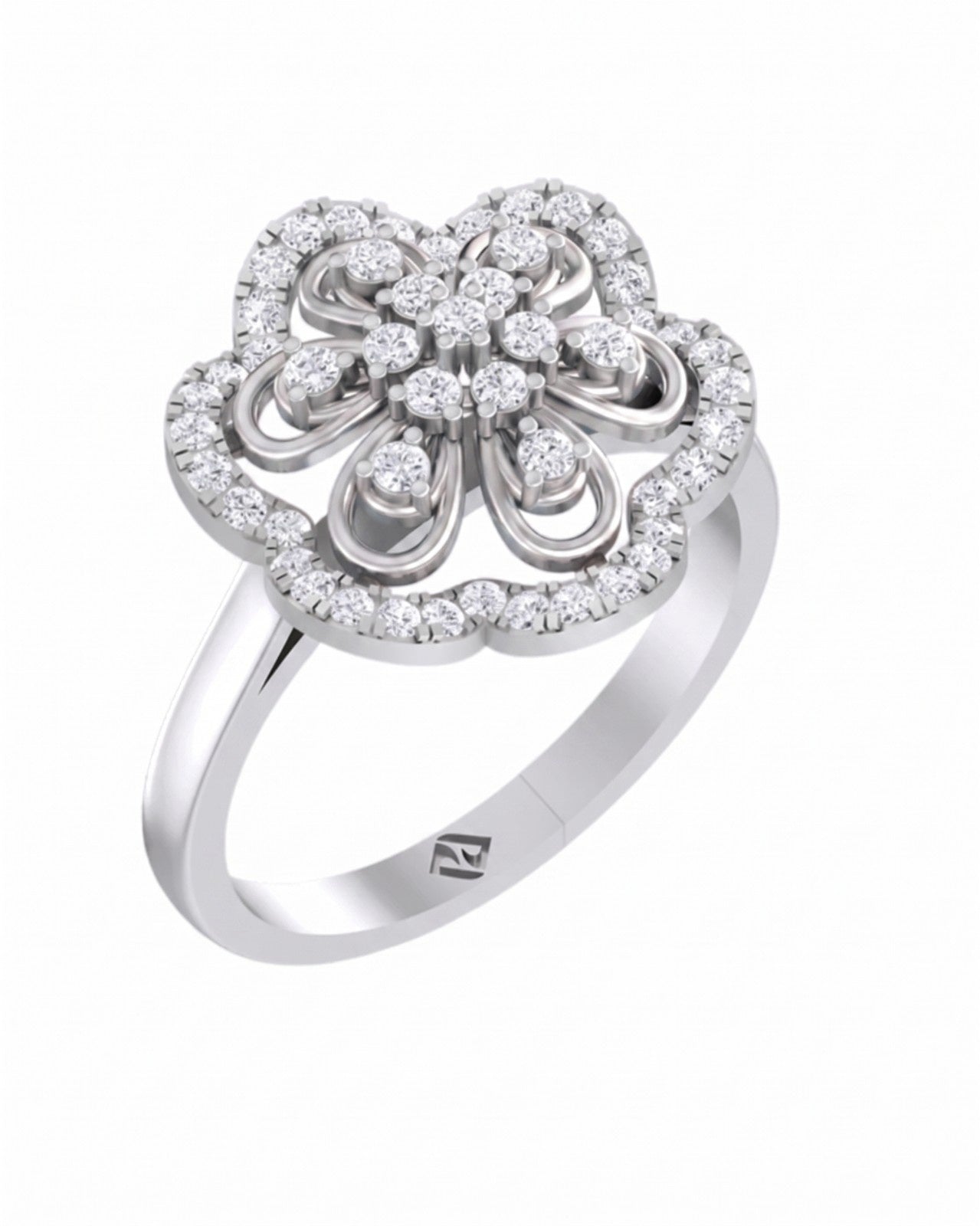 A white gold and diamond flower-shaped ring, shown on a plain white background.