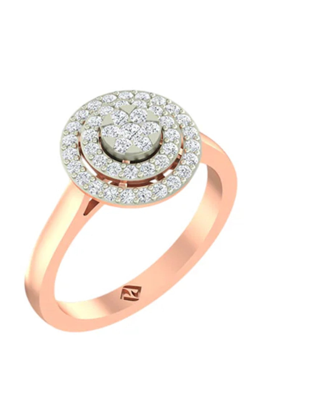 A rose gold ring with a double halo design featuring clear pavé-set stones, shown on a plain white background.