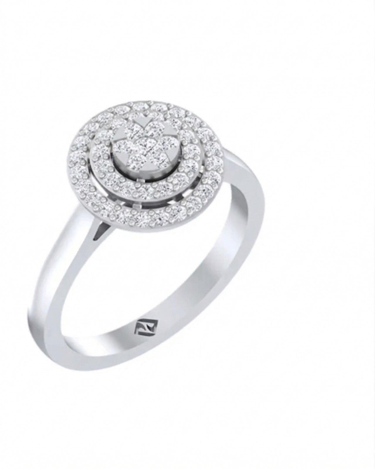 A white gold ring with a double halo design featuring clear pavé-set stones, shown on a plain white background.
