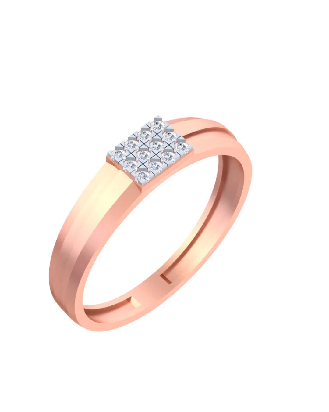 A rose gold ring with a cluster of diamond at the top, shown on a plain white background.