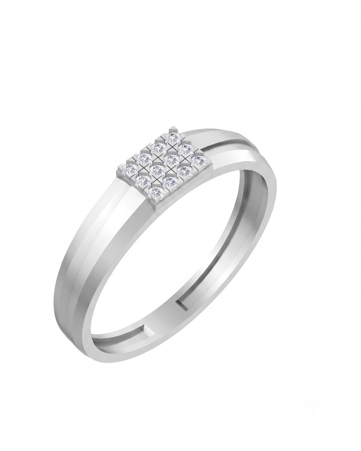 A white gold ring with a cluster of diamond at the top, shown on a plain white background.