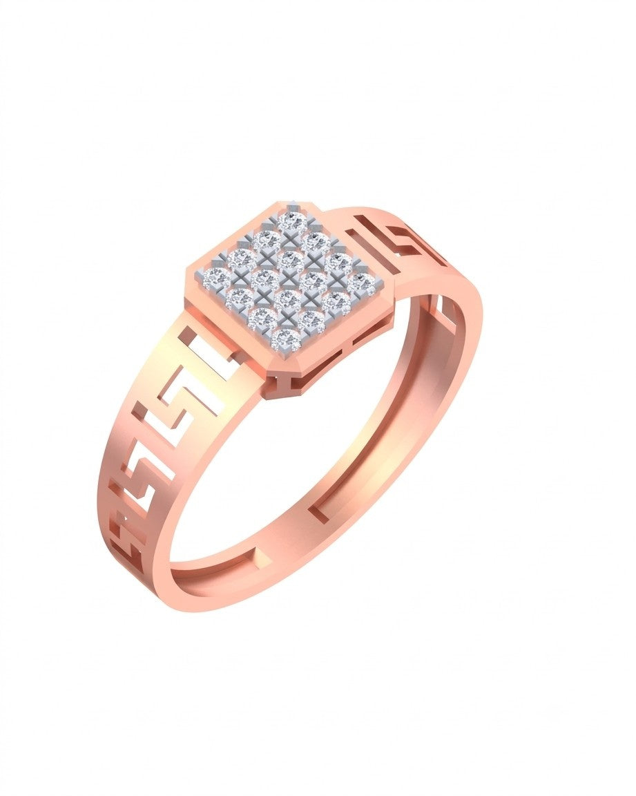 A rose gold ring with a square diamond center and geometric cutout details on the band, shown on a plain white background.