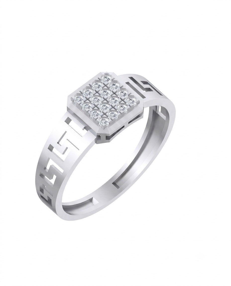 A white gold ring with a square diamond center and geometric cutout details on the band, shown on a plain white background.
