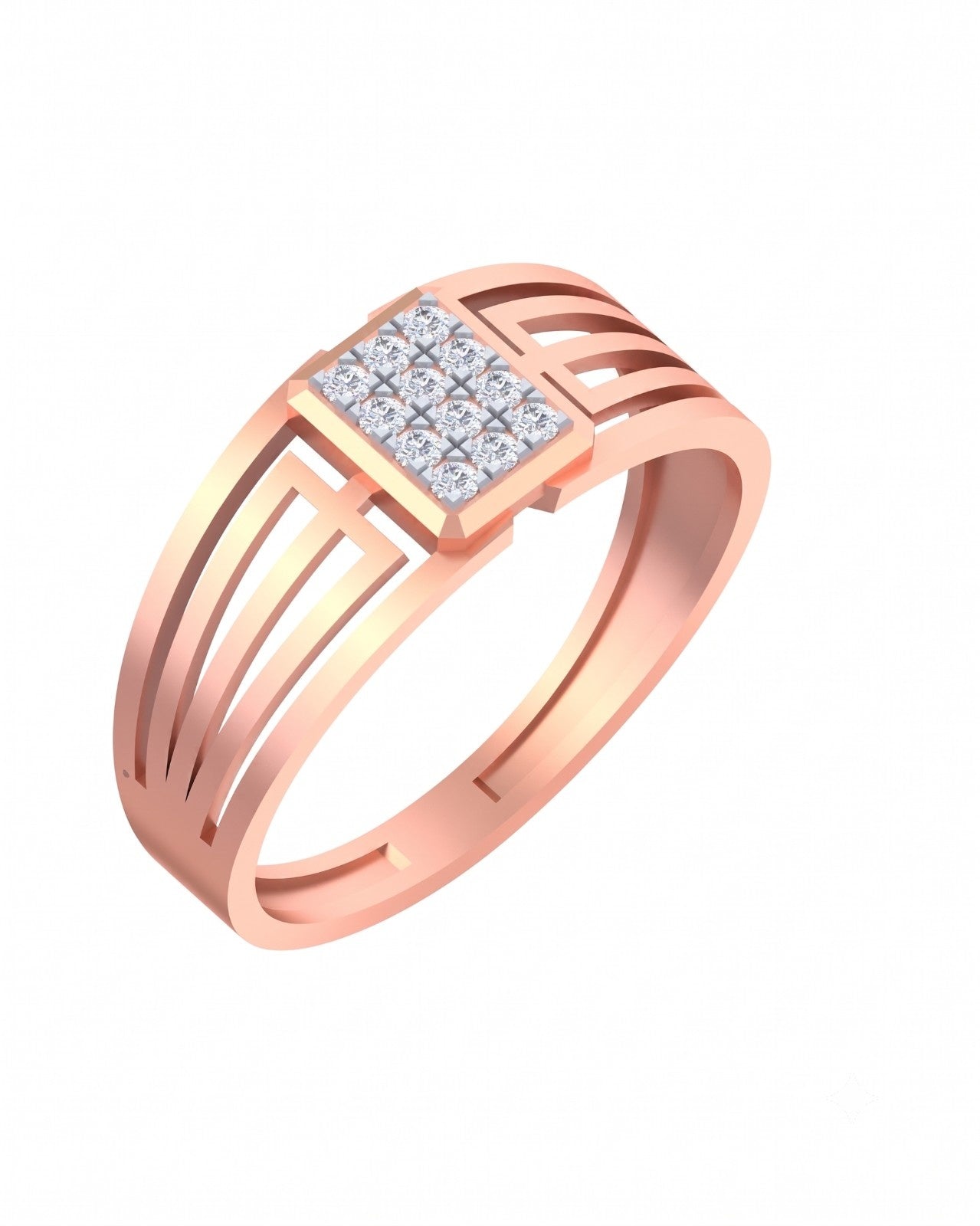 Rose gold and diamond band ring on a white background.