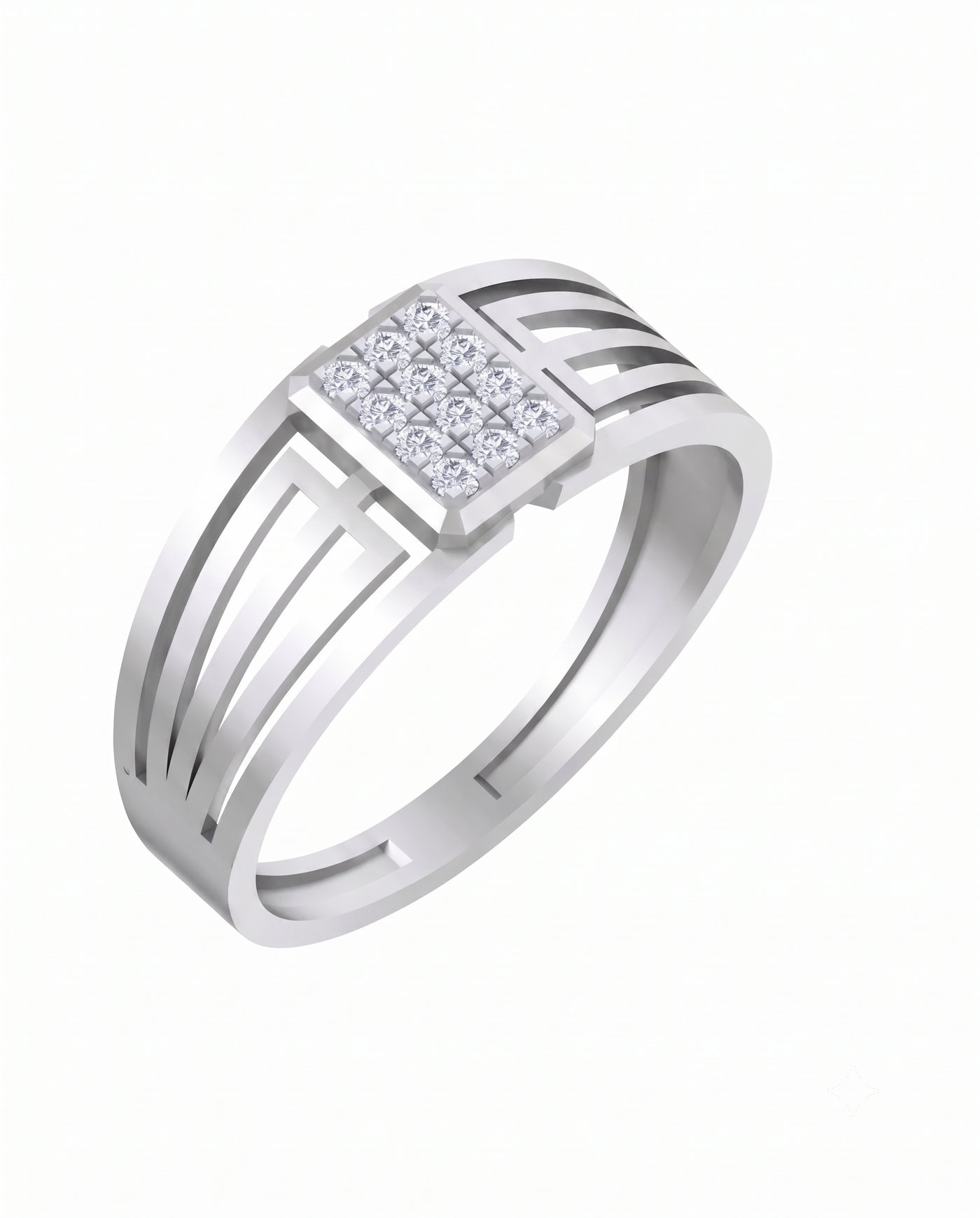 White gold and diamond band ring on a white background.
