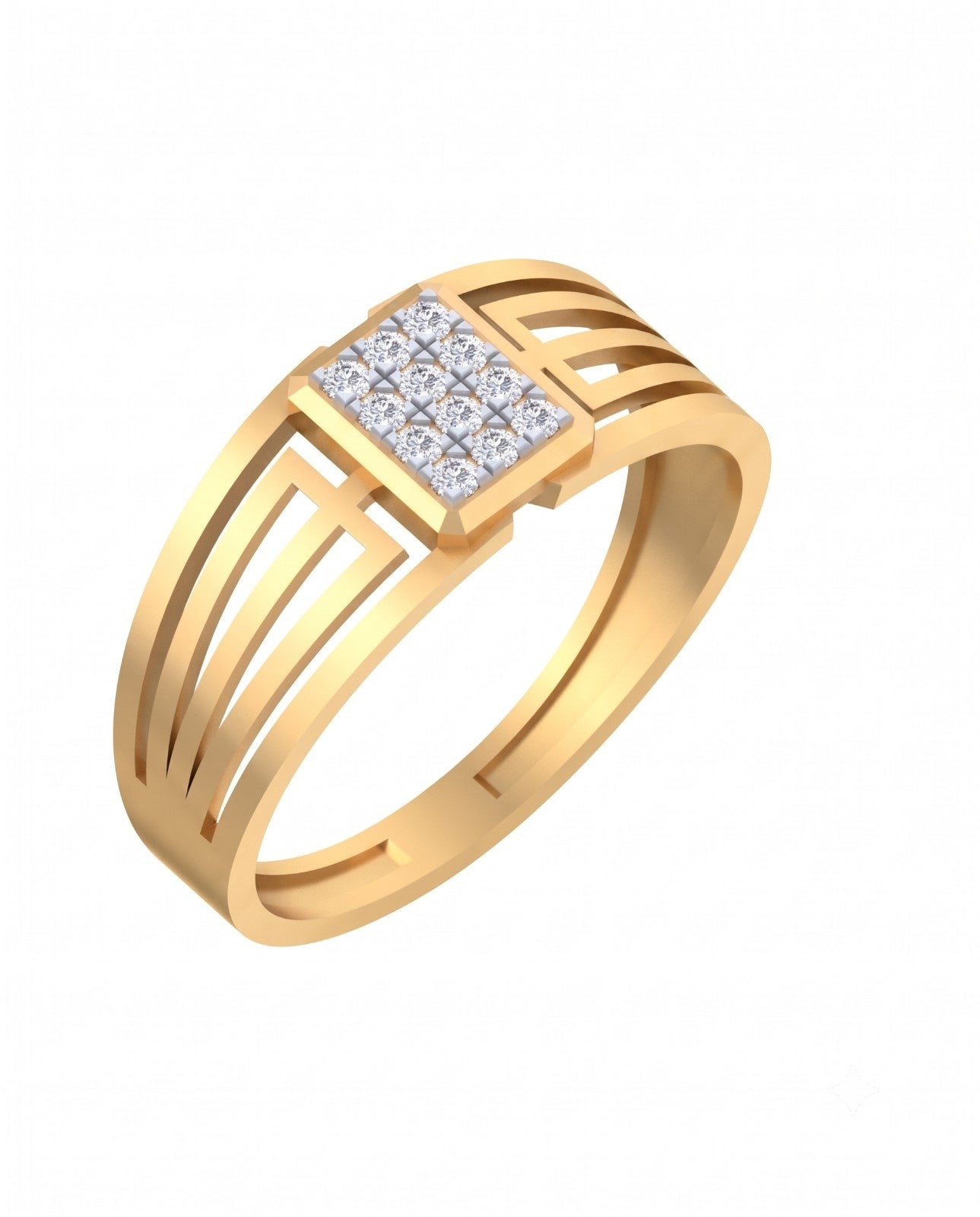 Yellow gold and diamond band ring on a white background.