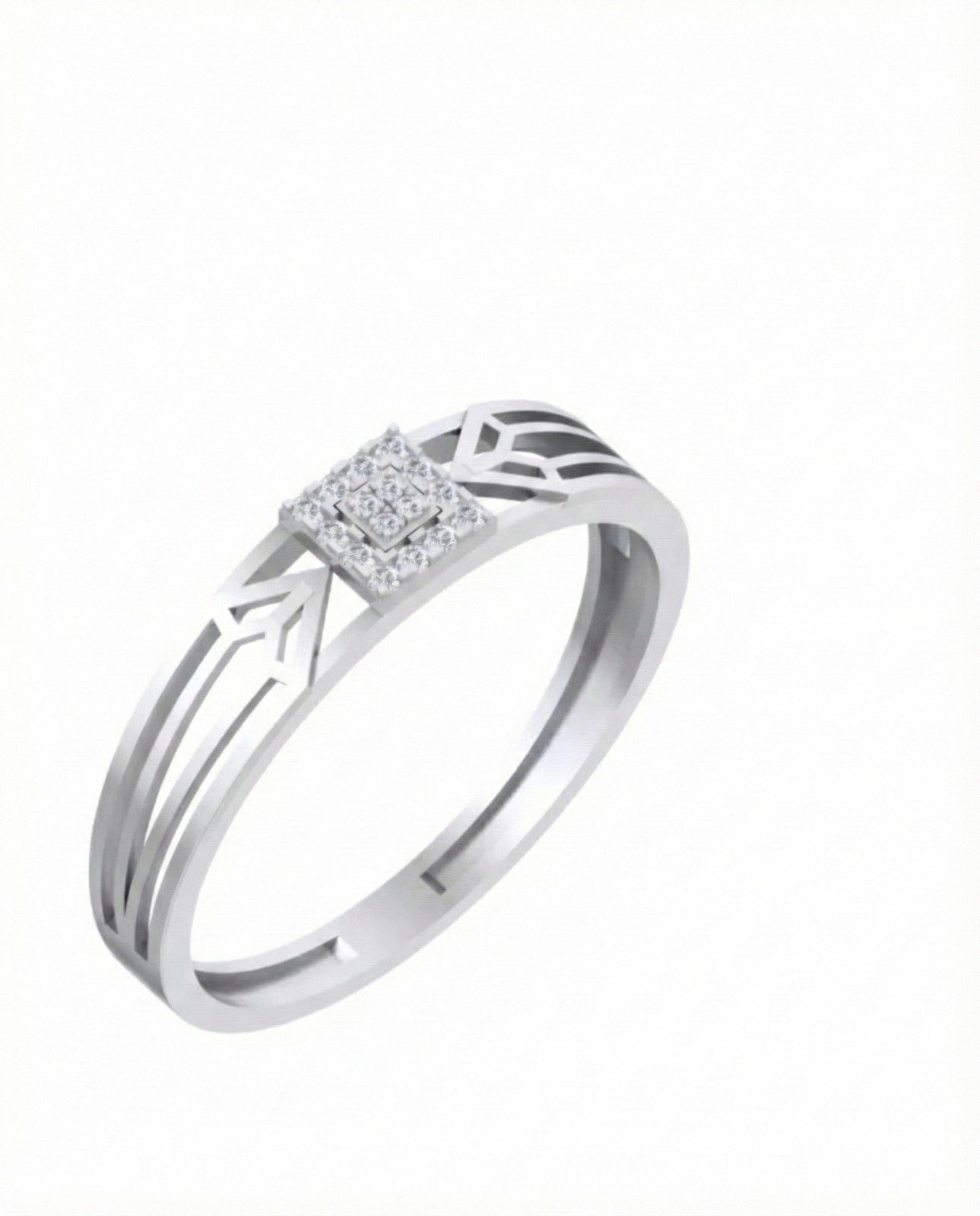 White gold ring with diamond accents on a white background.