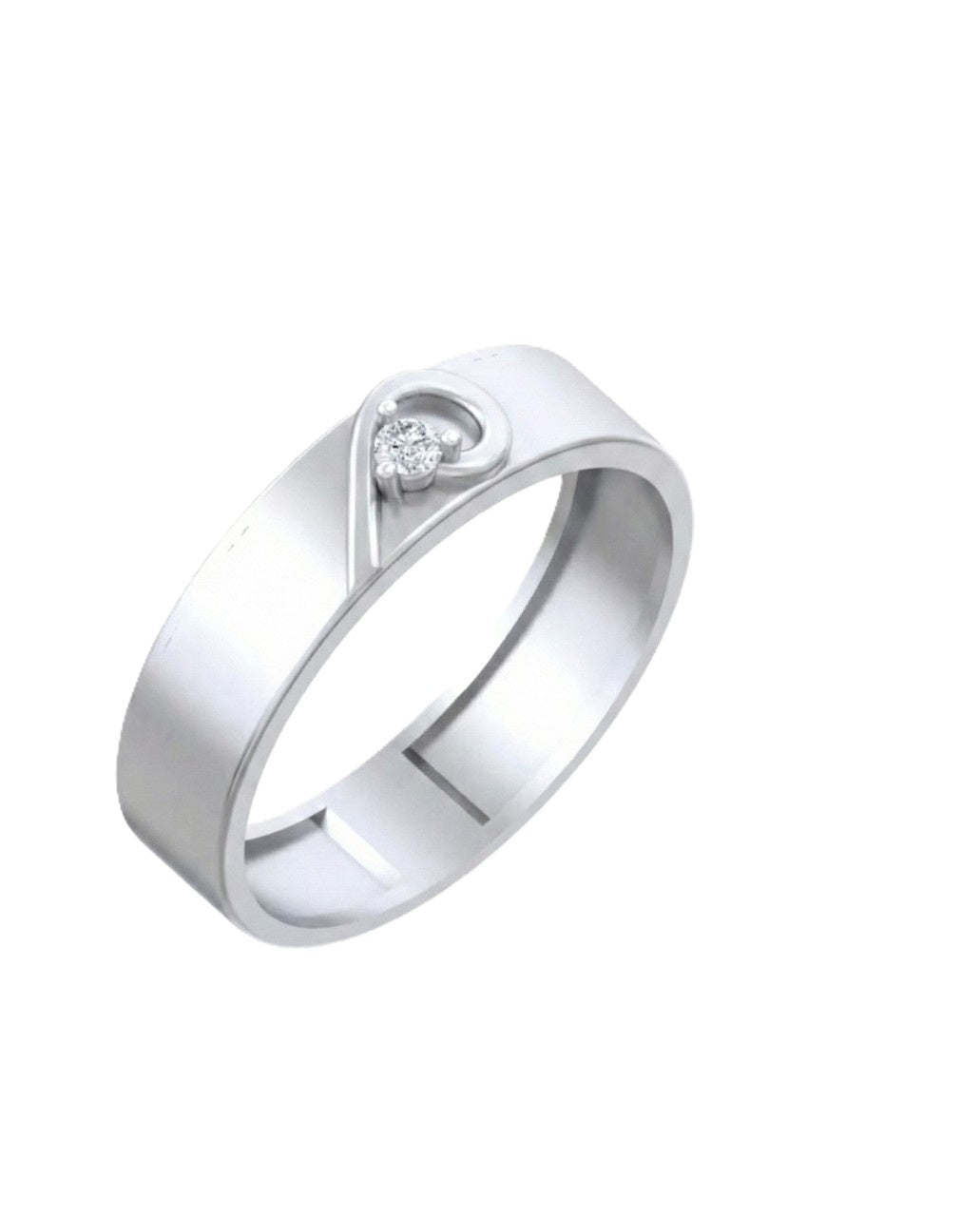 A white gold band ring featuring a diamond set in a curved, openwork design at the top, shown on a plain white background.