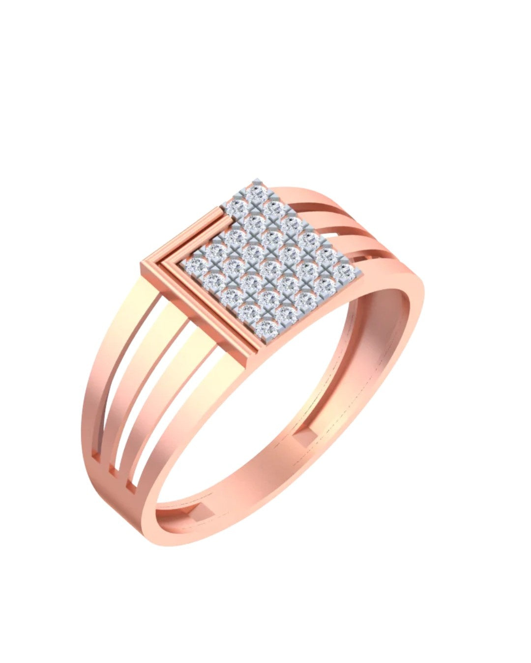 A rose gold geometric ring featuring a square diamond center, shown on a plain white background.