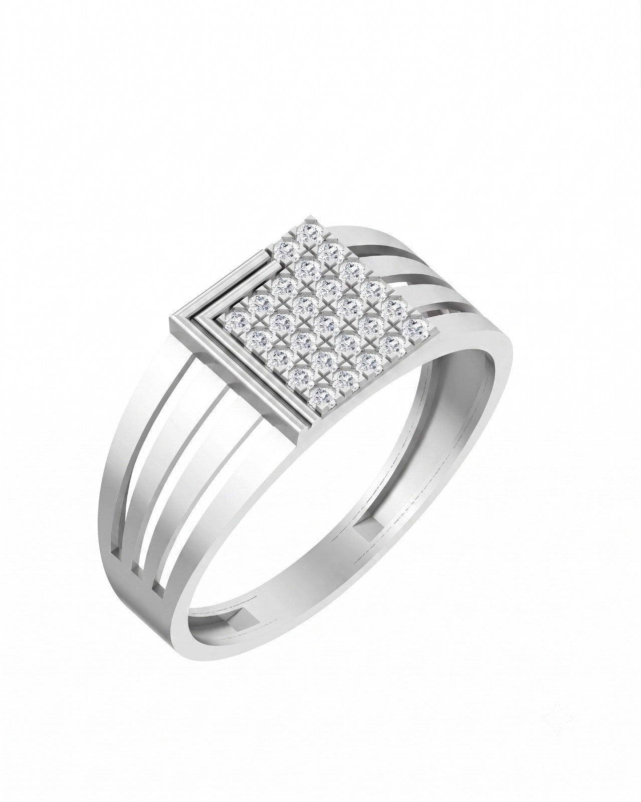 A white gold geometric ring featuring a square diamond center, shown on a plain white background.