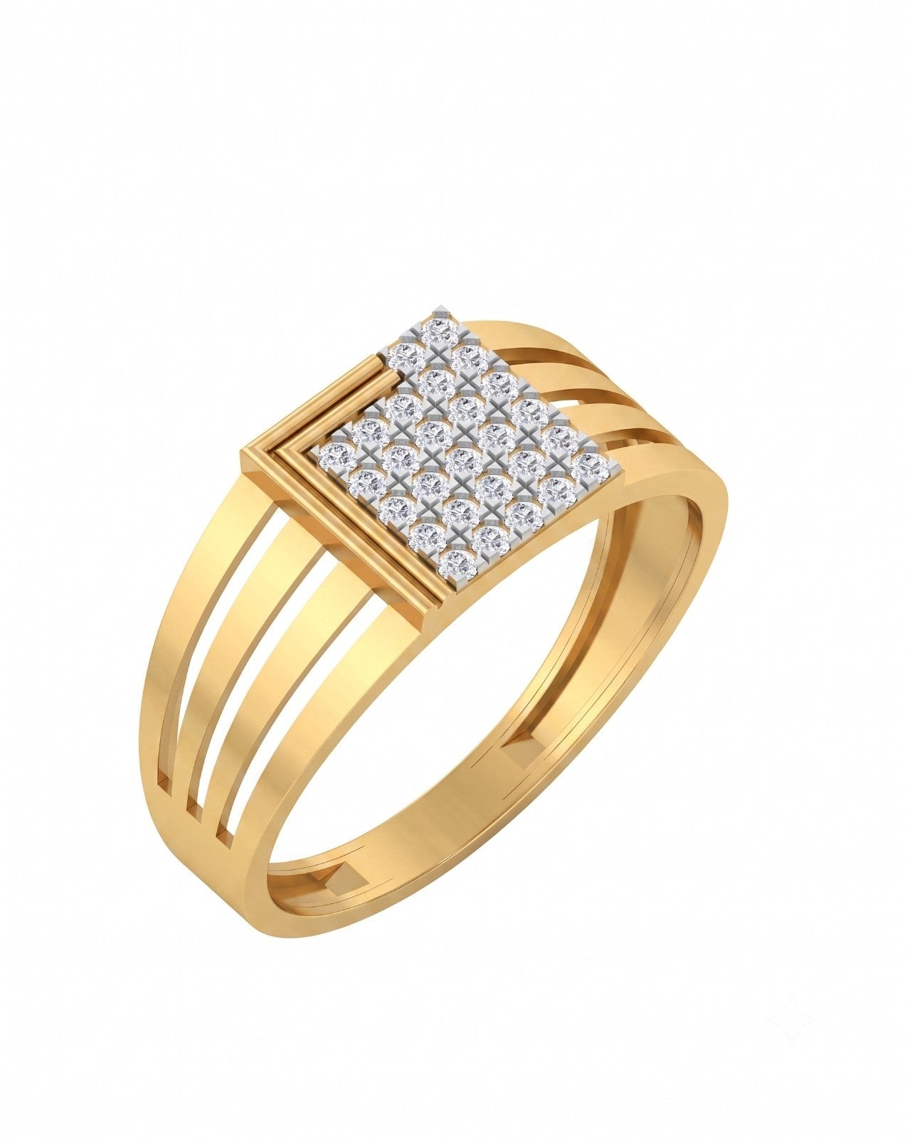 A yellow gold geometric ring featuring a square diamond center, shown on a plain white background.