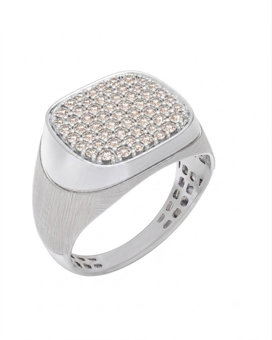 A white  gold signet ring featuring a square face paved with small clear stones, set against a plain white background.