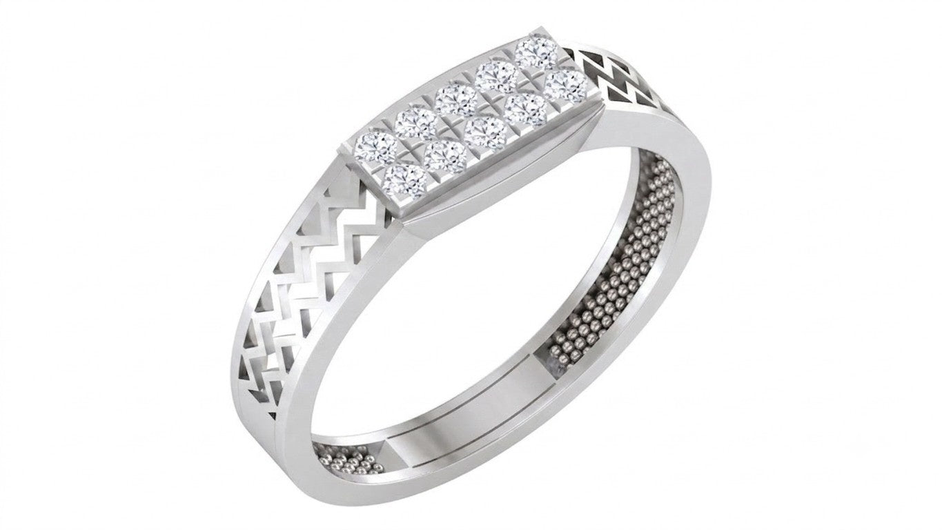 White gold and diamond band with rectangle cluster on a white background.