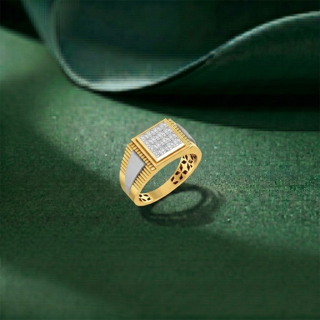 Gold ring with diamond accents on a green textured surface