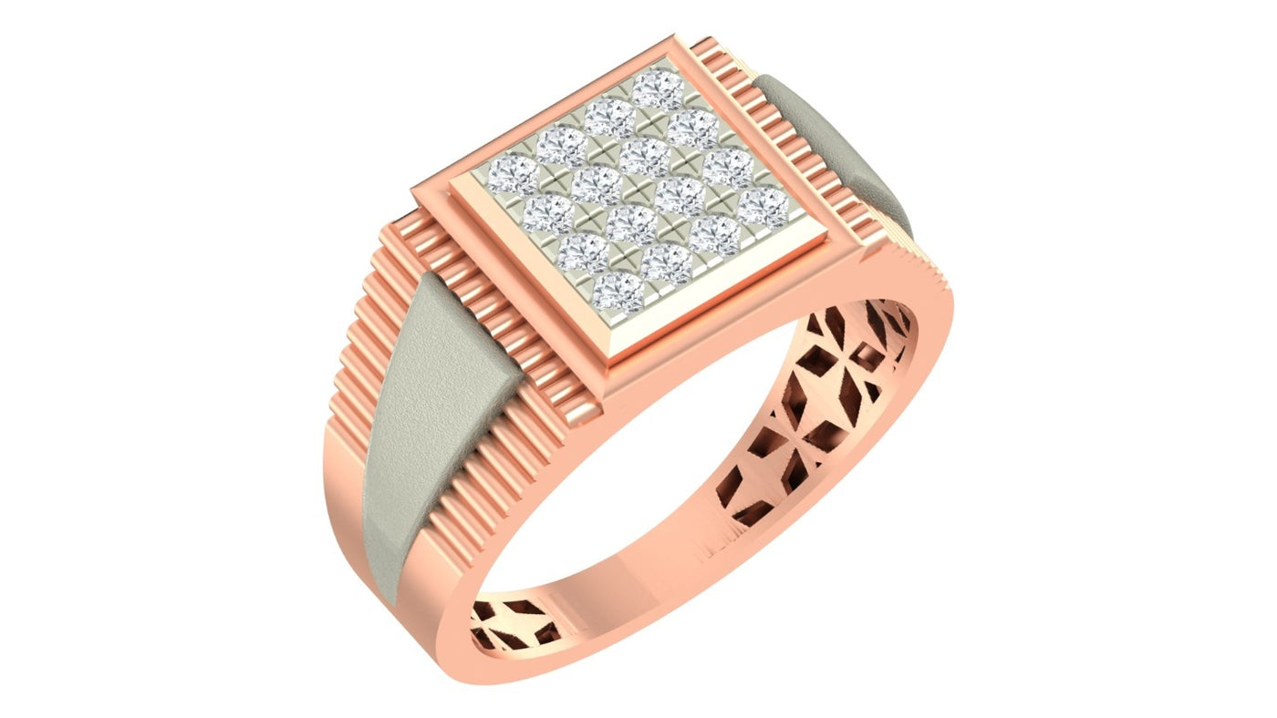 A men's signet ring in rose gold with a square diamond,  on a white background.