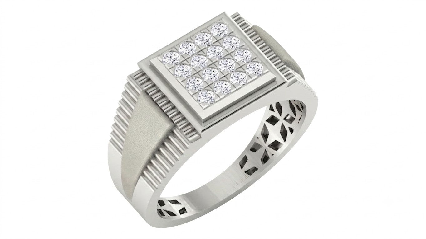 A men's signet ring in white gold with a square diamond,  on a white background.