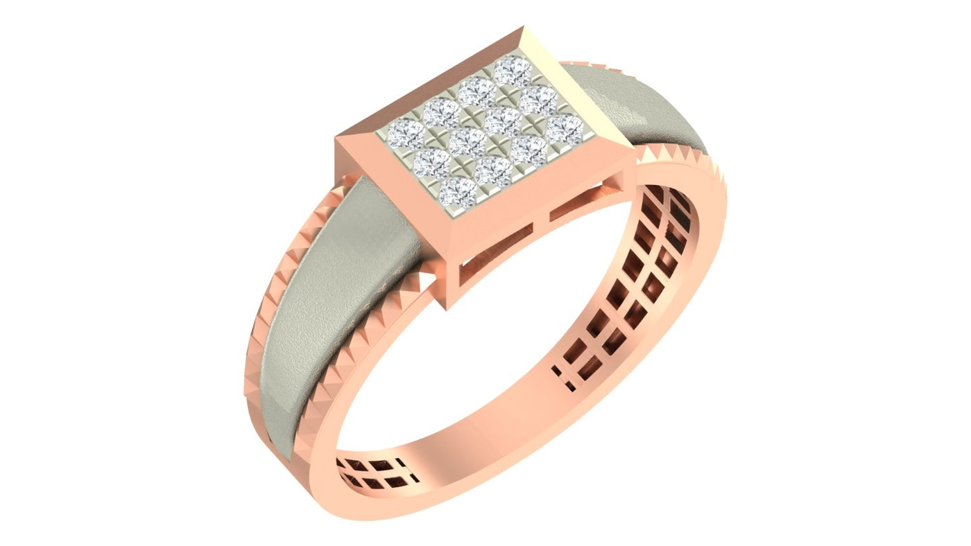 A rose gold ring with a square diamond pavé setting and a textured, shown on a plain white background.