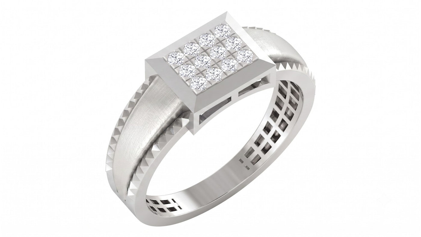 A white gold ring with a square diamond pavé setting and a textured, shown on a plain white background.