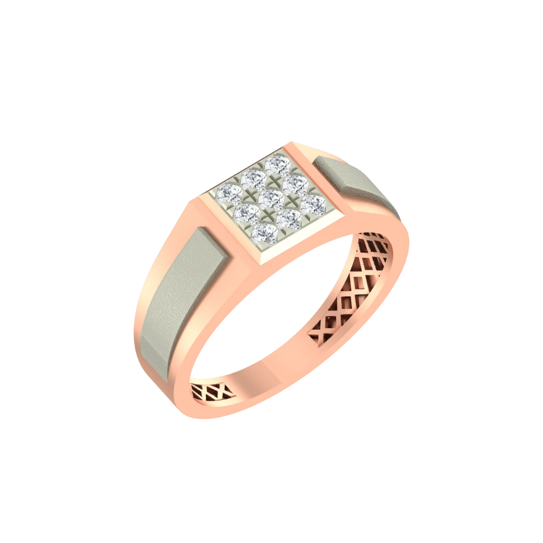 Rose gold ring with diamond accents on a white background.