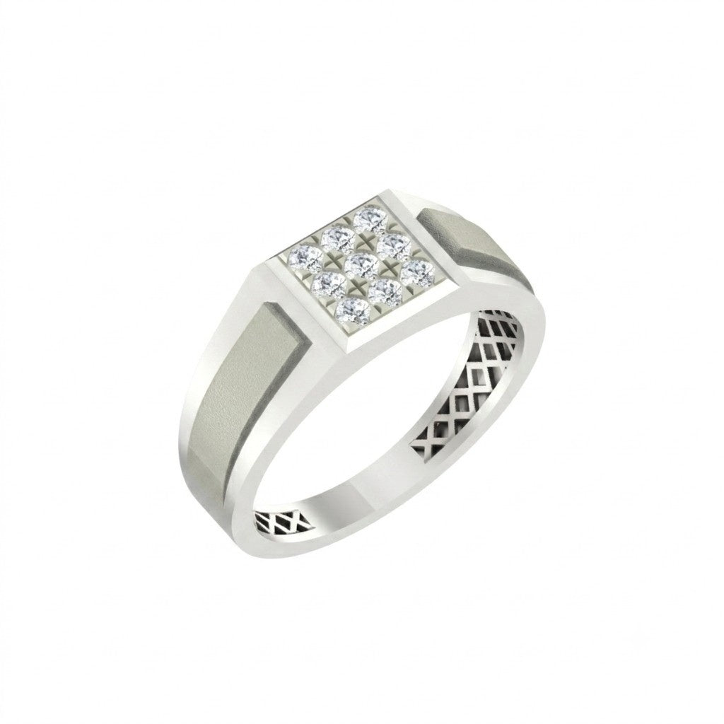 A white men's ring featuring a square diamond cluster setting with a textured, geometric channel band.