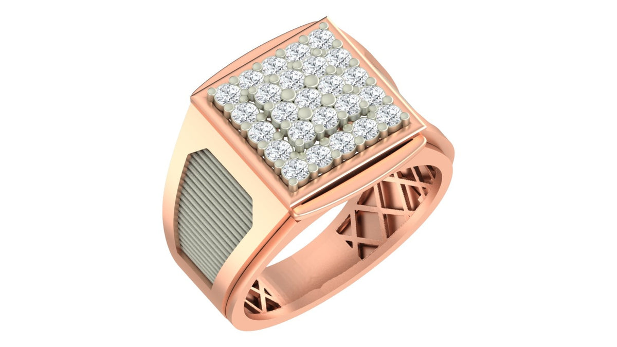 A men's signet ring in rose gold with a square diamond pavé face and a textured, shown on a plain white background.