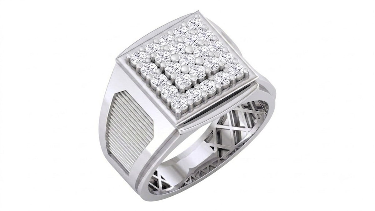 A men's signet ring in white gold with a square diamond pavé face and a textured, shown on a plain white background.