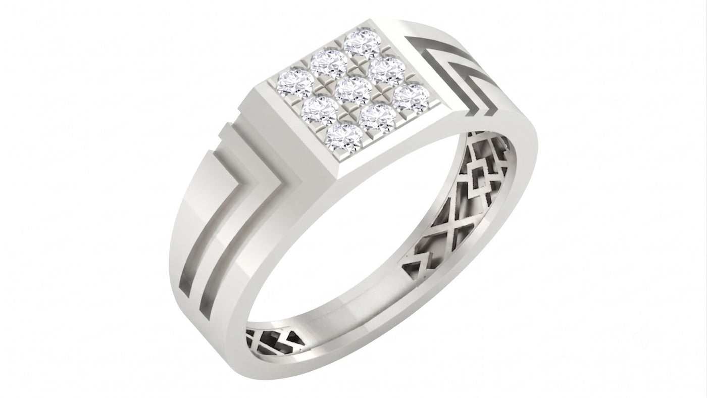 A men's white gold ring with a square diamond cluster top, shown on a white background.