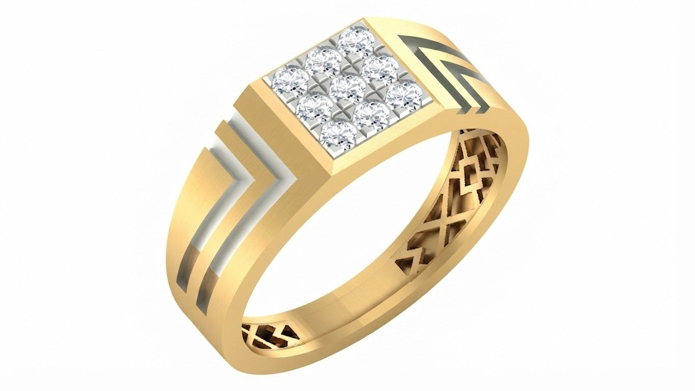 A men's yellow gold ring with a square diamond cluster top, shown on a white background.